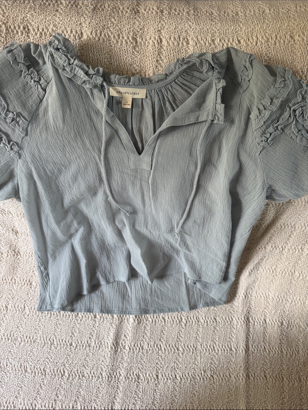 Light Blue Ruffle Tie-Neck Women's Top